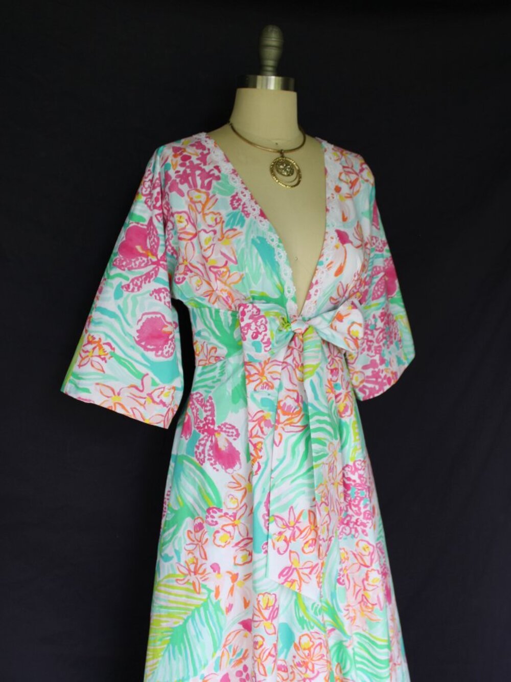 Lilly Pulizer Rare custom maxi dress gown ORCHID caftan tunic kimono Lace trim S - Picture 8 of 10